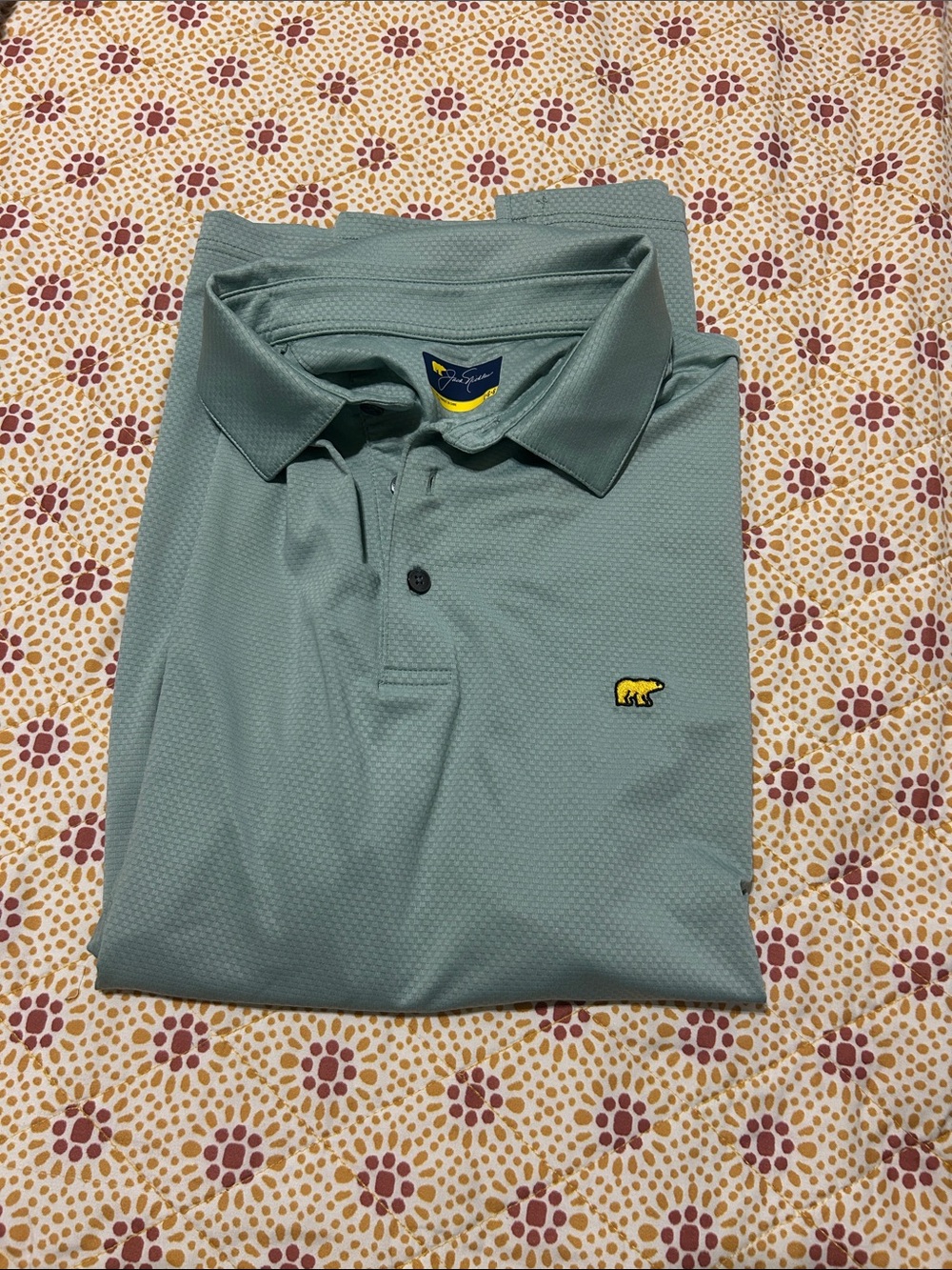 Men's Sage Green Performance Polo with Yellow Bear Accent